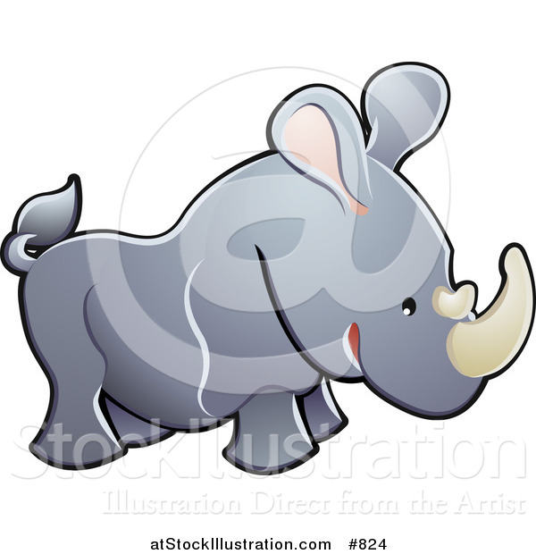 Vector Illustration of a Cute Gray Rhino with Pink Ears and White Horns