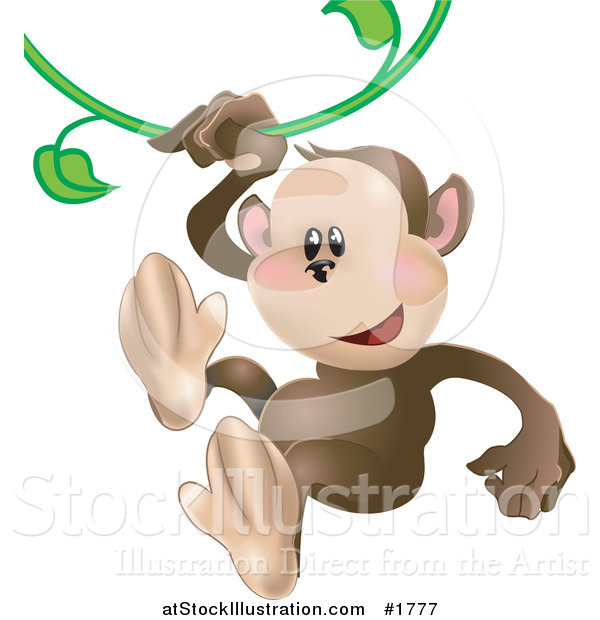 Vector Illustration of a Cute Monkey Swinging on a Green Vine