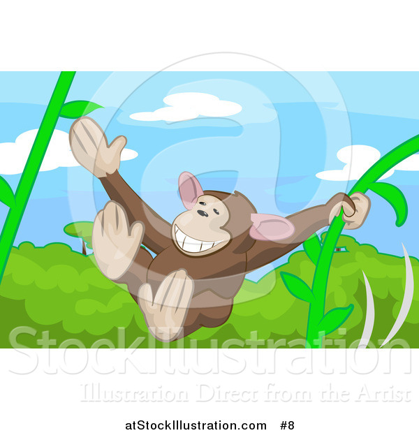 Vector Illustration of a Cute Monkey Swinging on Vines in a Forest