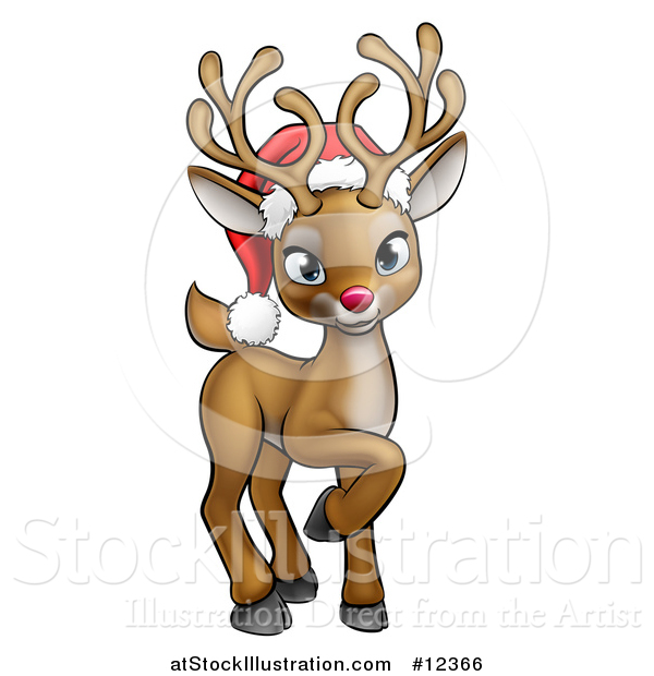 Vector Illustration of a Cute Red Nosed Reindeer Wearing a Christmas Santa Hat