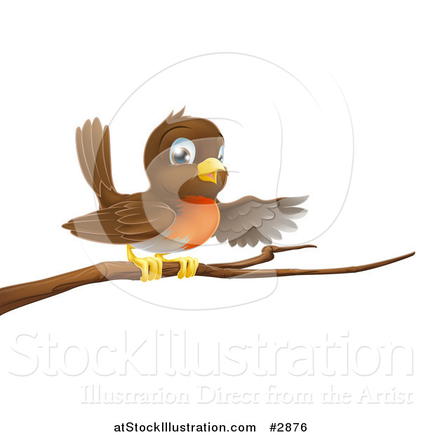 Vector Illustration of a Cute Robin Bird Perched on a Branch and Pointing with a Wing