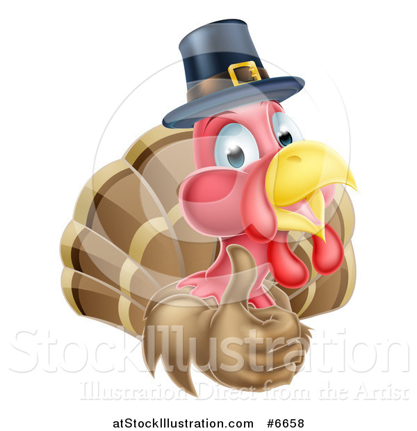 Vector Illustration of a Cute Thanksgiving Turkey Bird Wearing a Pilgrim Hat and Giving a Thumb up