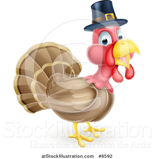 Vector Illustration of a Cute Thanksgiving Turkey Bird Wearing a Pilgrim Hat