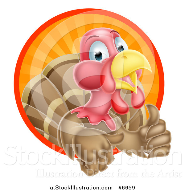 Vector Illustration of a Cute Turkey Bird Giving a Thumb up and Emerging from a Circle of Sun Rays