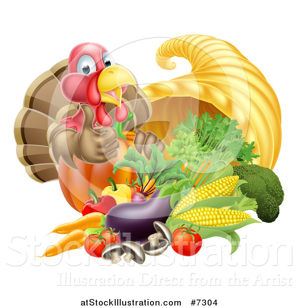 Vector Illustration of a Cute Turkey Bird Giving a Thumb up over a Pumpkin and Harvest Cornucopia 2