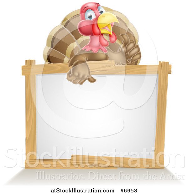 Vector Illustration of a Cute Turkey Bird Giving a Thumb up over a Sign