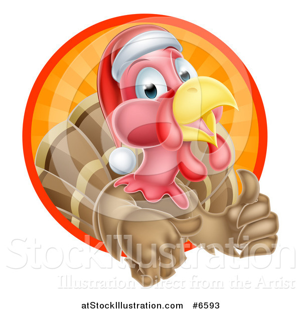 Vector Illustration of a Cute Turkey Bird Wearing a Santa Hat and Giving a Thumb up While Emerging from a Circle of Sunshine