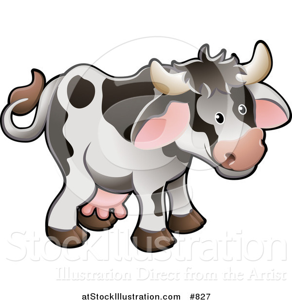 Vector Illustration of a Cute White Dairy Farm Cow with Black Spots and Pink Udders