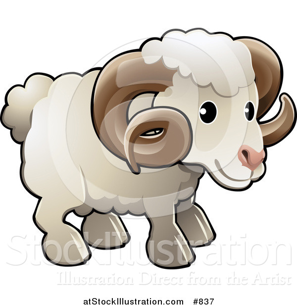 Vector Illustration of a Cute White Male Sheep, a Ram, with Brown Curly Horns