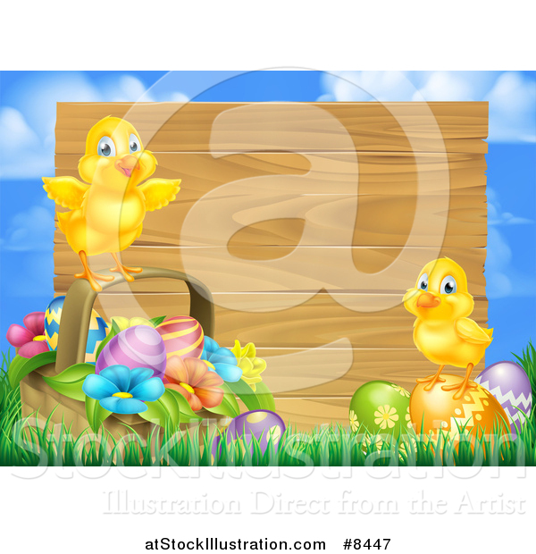 Vector Illustration of a Cute Yellow Chicks on Easter Eggs and a Basket in the Grass, over a Blank Wood Sign and Sky