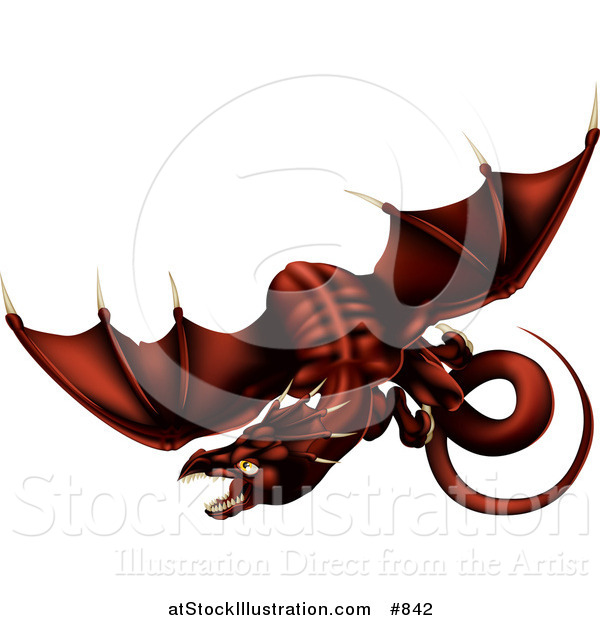 Vector Illustration of a Dark Blood Red Dragon in Flight over a White Background