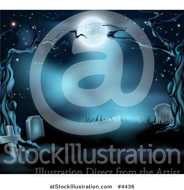 Vector Illustration of a Dark Spooky Cemetery with Tombstones and Bare Trees in the Moonlight