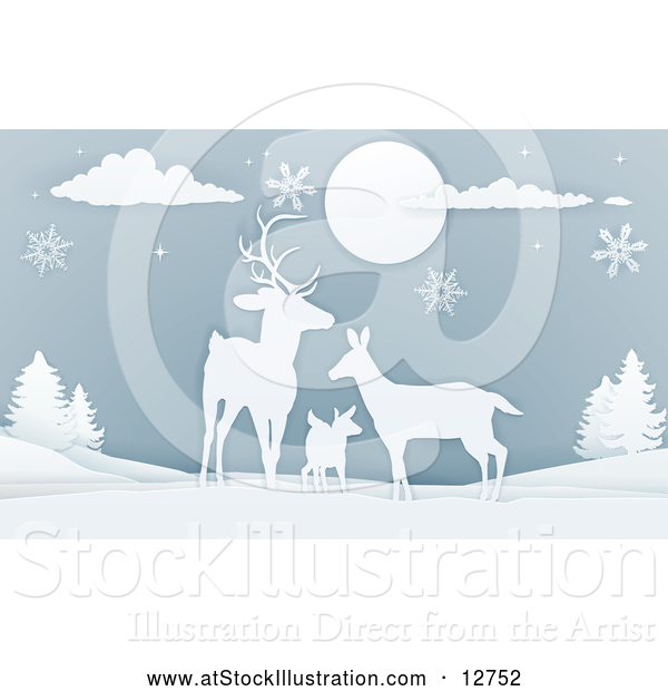 Vector Illustration of a Deer Family with Snowflakes at Night