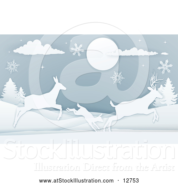 Vector Illustration of a Deer Family with Snowflakes at Night