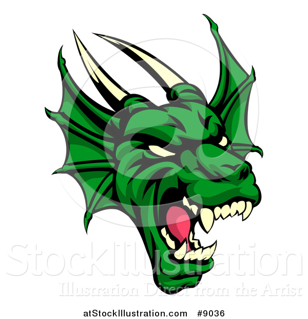 Vector Illustration of a Demonic Roaring Green Dragon Head