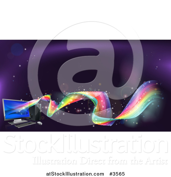 Vector Illustration of a Desktop Computer with Rainbow Waves