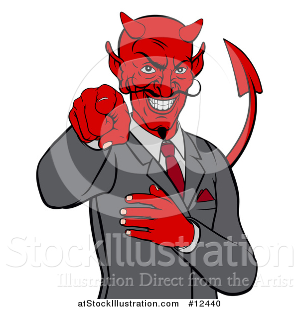 Vector Illustration of a Devil Business Man Pointing Outwards, from the Waist up