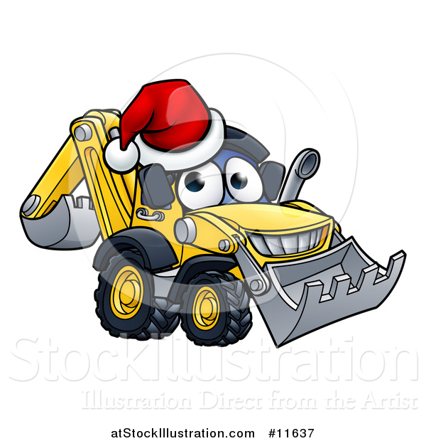 Vector Illustration of a Digger Bulldozer Mascot Wearing a Santa Hat