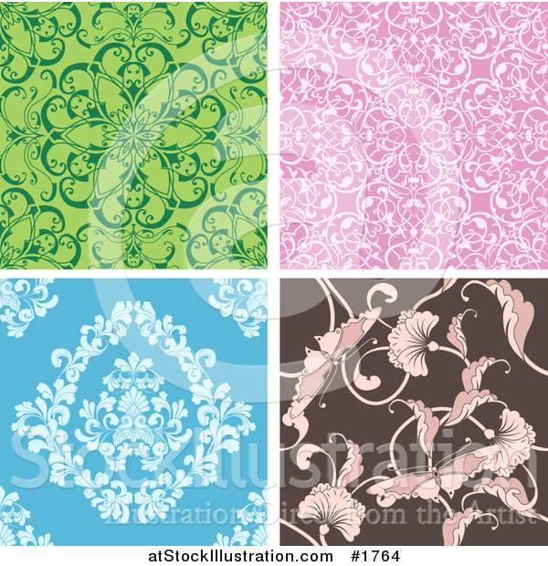 Vector Illustration of a Digital Collage of Four Seamless Floral Tile Backgrounds in Green, Pink, Blue and Brown