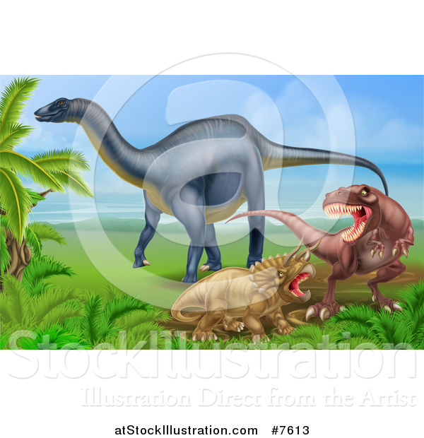 Vector Illustration of a Diplodocus Dinosaur by a T Rex and Triceratops in a Fight