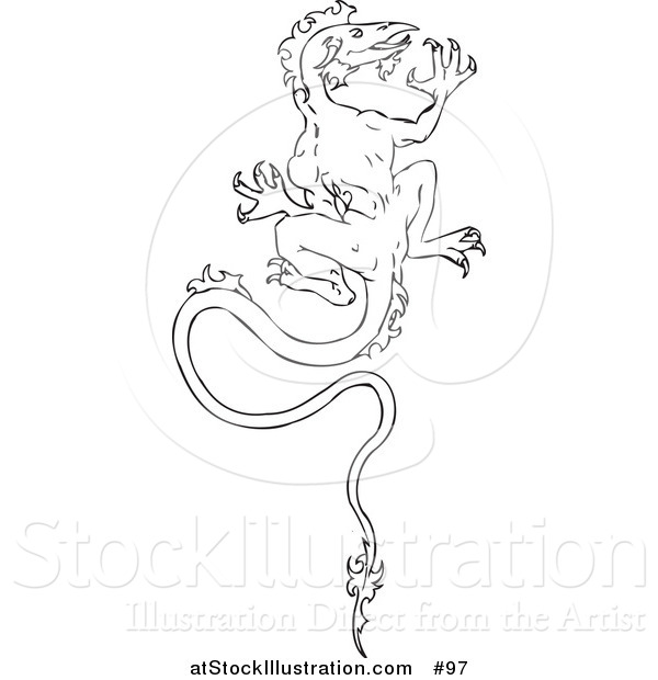 Vector Illustration of a Dragon Climbing a Wall - Outlined Version