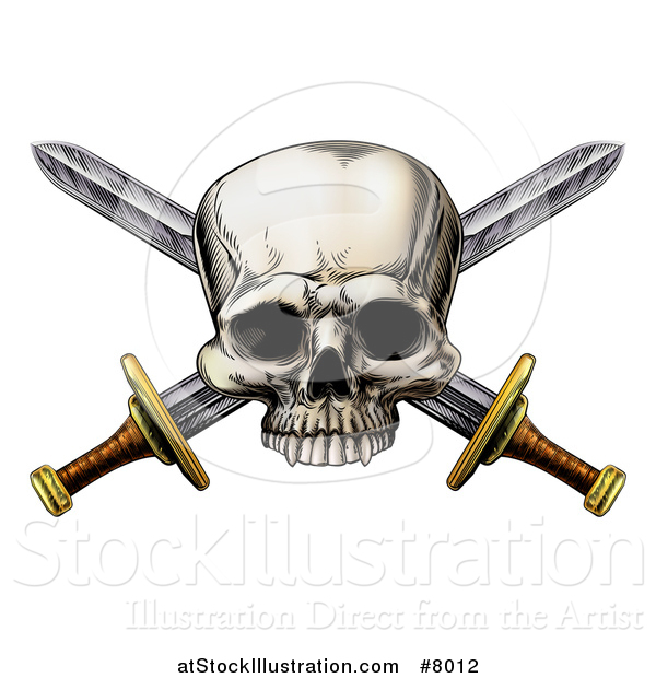Vector Illustration of a Engraved Pirate Skull over Crossed Swords