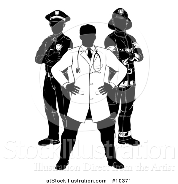 Vector Illustration of a Faceless Black and White Male Doctor, Police Man and Fire Fighter