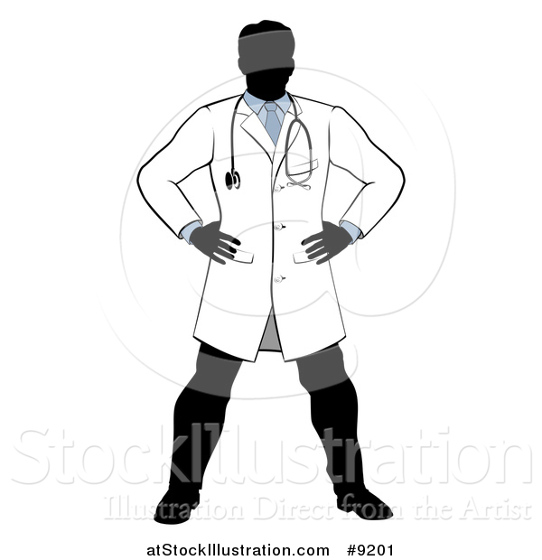 Vector Illustration of a Faceless Silhouetted Male Doctor Wearing a Lab Coat, Standing with Hands on His Hips