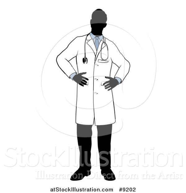 Vector Illustration of a Faceless Silhouetted Male Doctor Wearing a Lab Coat, Standing with Hands on His Hips