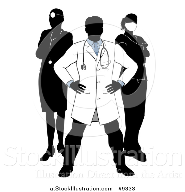 Vector Illustration of a Faceless Silhouetted Male Doctor Wearing a Lab Coat, Standing with Hands on His Hips, with His Team Behind Him