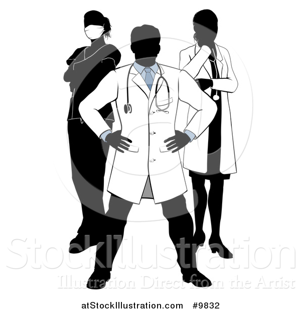Vector Illustration of a Faceless Silhouetted Male Doctor Wearing a Lab Coat, Standing with Hands on His Hips, with His Team Behind Him