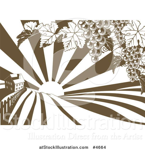 Vector Illustration of a Farm House and Rolling Hills with Winery Grape Vines and Sun Rays in Brown and White