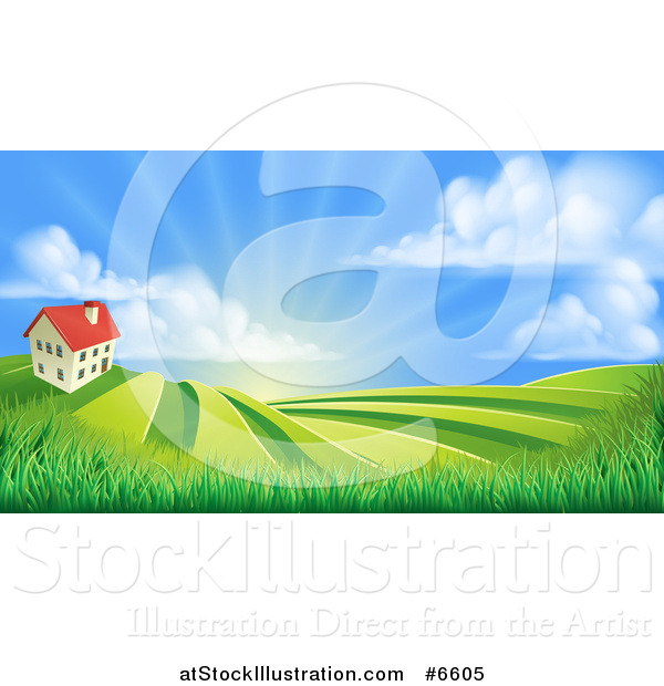 Vector Illustration of a Farmhouse Atop a Hill with Fields at Sunrise