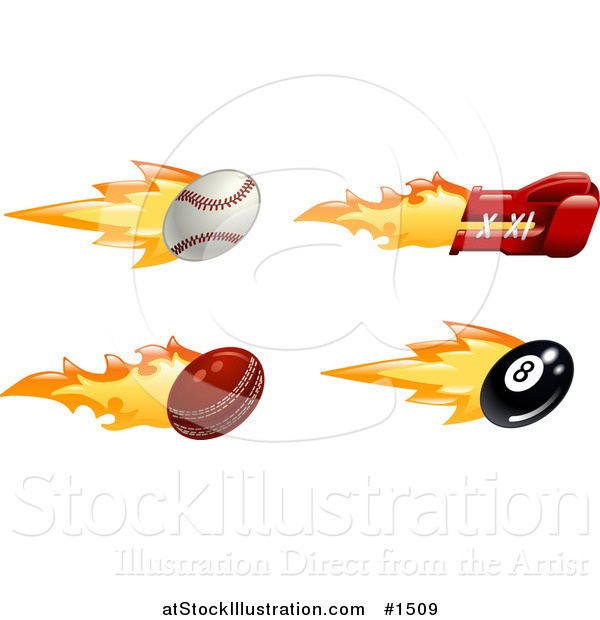 Vector Illustration of a Fast Fiery Baseball, Boxing Glove, Cricket Ball and Eight Ball