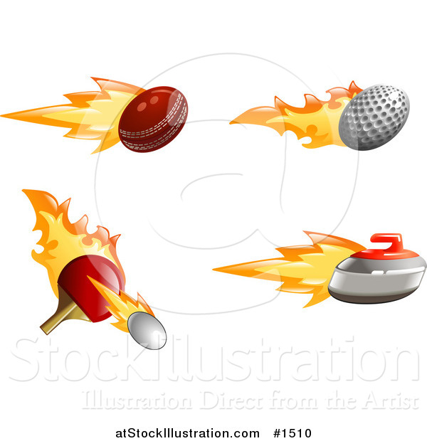 Vector Illustration of a Fast Fiery Cricket, Golf and Tennis Balls with a Curling Stone