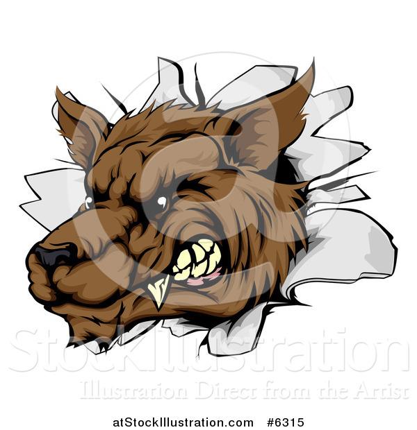 Vector Illustration of a Ferocious Brown Wolf Breaking Through a Wall