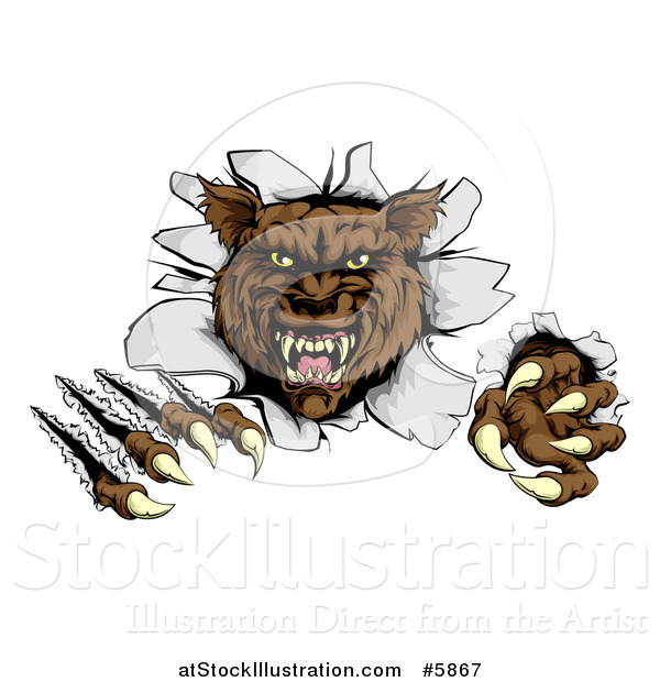 Vector Illustration of a Ferocious Brown Wolf Slashing and Breaking Through a Wall