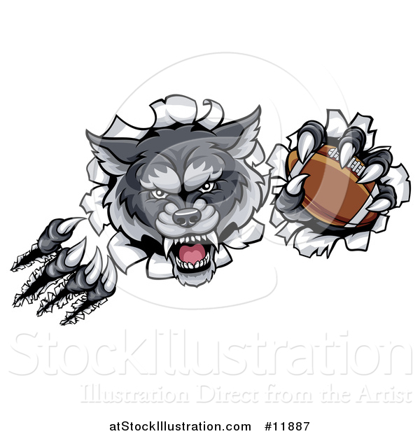 Vector Illustration of a Ferocious Gray Wolf Slashing Through a Wall with a Football