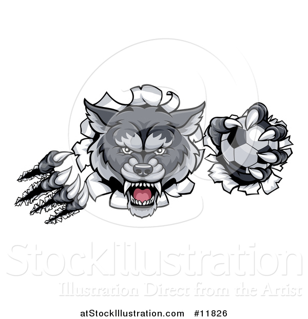 Vector Illustration of a Ferocious Gray Wolf Slashing Through a Wall with a Soccer Ball