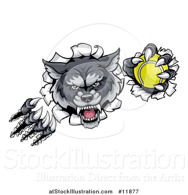 Vector Illustration of a Ferocious Gray Wolf Slashing Through a Wall with a Tennis Ball