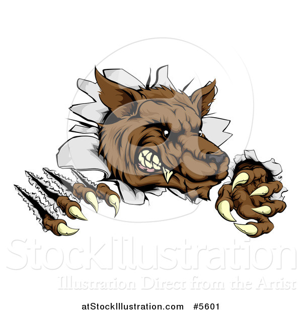 Vector Illustration of a Ferocious Wolf Scratching and Breaking Through a Wall