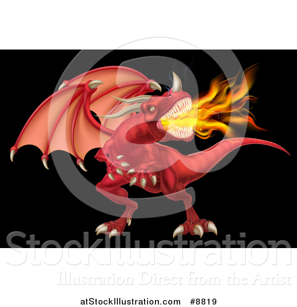 Vector Illustration of a Fierce Angry Red Fire Breathing Dragon with a Horned Nose, on Black