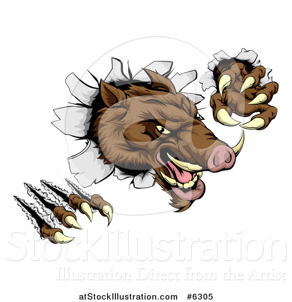 Vector Illustration of a Fierce Brown Boar Monster Clawing Through a Wall