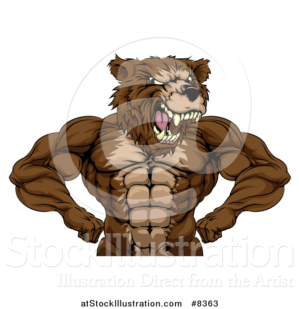 Vector Illustration of a Fierce Buff Muscular Grizzly Bear Man Flexing His Muscles, from the Waist up