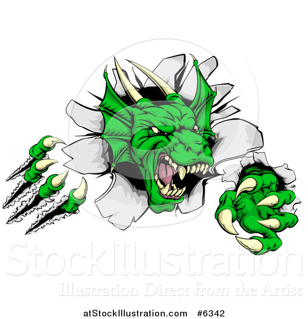 Vector Illustration of a Fierce Green Dragon Mascot Head Shredding Through a Wall