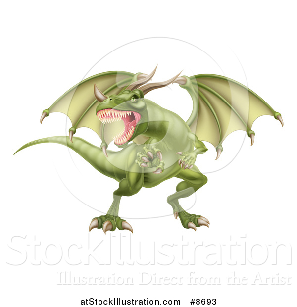 Vector Illustration of a Fierce Green Dragon with a Horned Nose