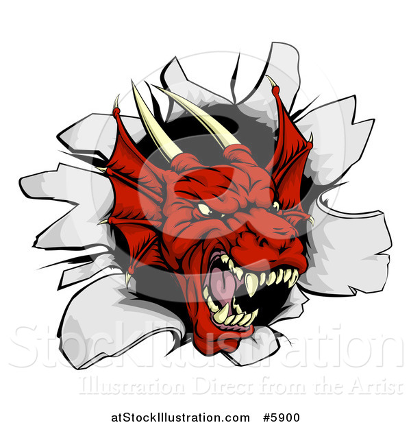 Vector Illustration of a Fierce Red Dragon Mascot Head Breaking Through a Wall