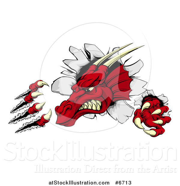 Vector Illustration of a Fierce Red Dragon Mascot Head Shredding Through a Wall