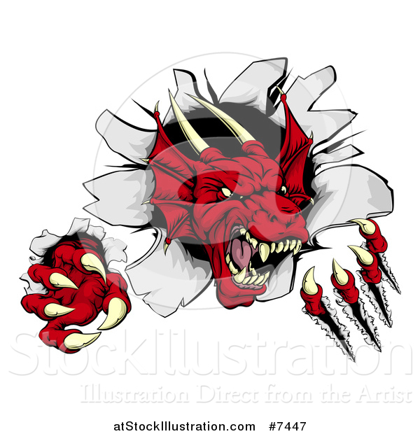 Vector Illustration of a Fierce Red Dragon Mascot Slashing Through a Wall