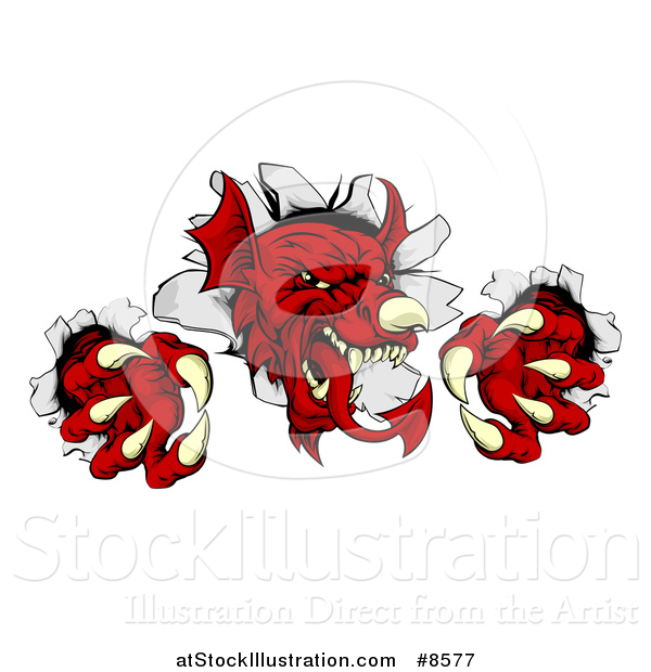 Vector Illustration of a Fierce Red Welsh Dragon Mascot Breaking Through a Wall